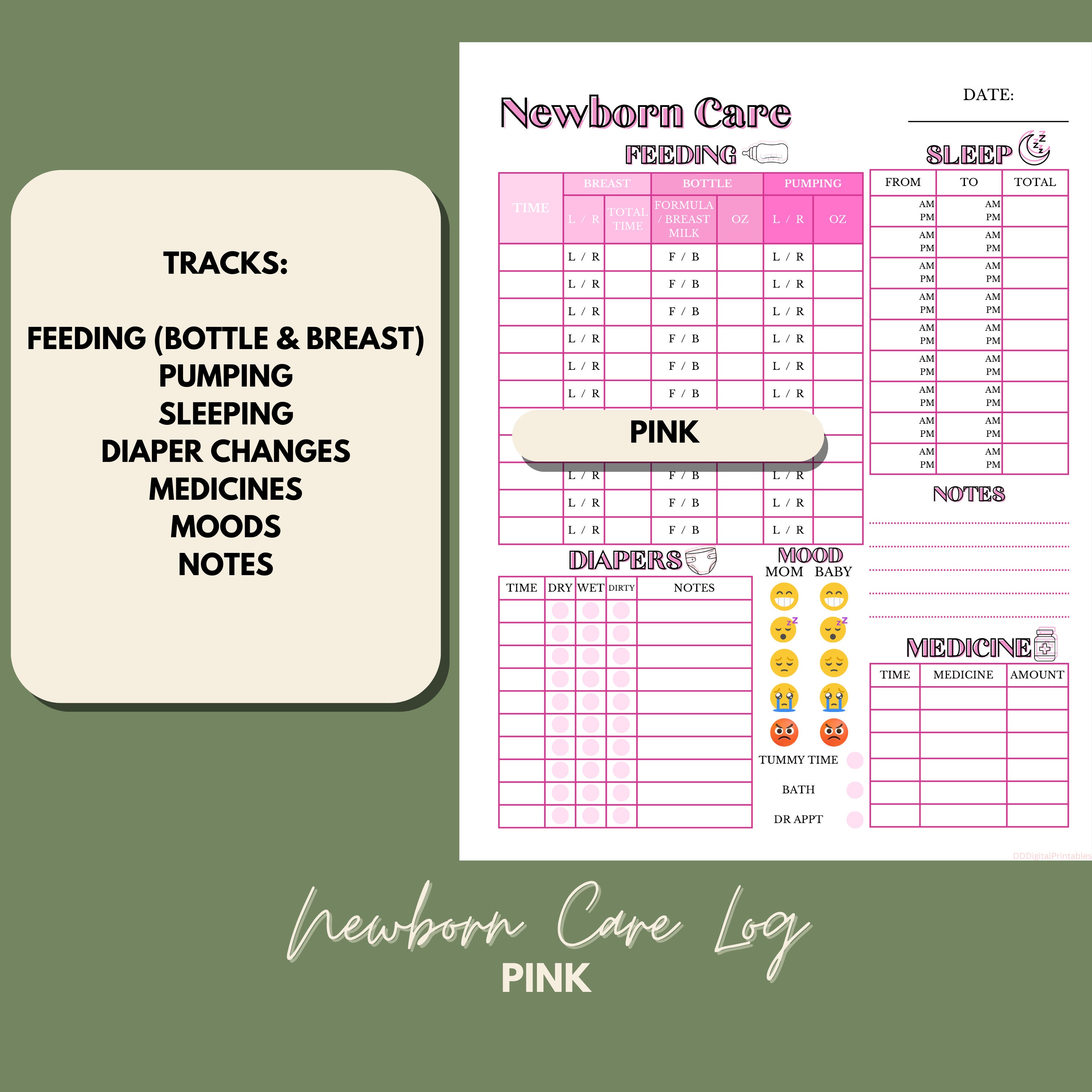Newborn Care Log Printable | Pink | Breastfeeding Tracker | Diaper Log ...