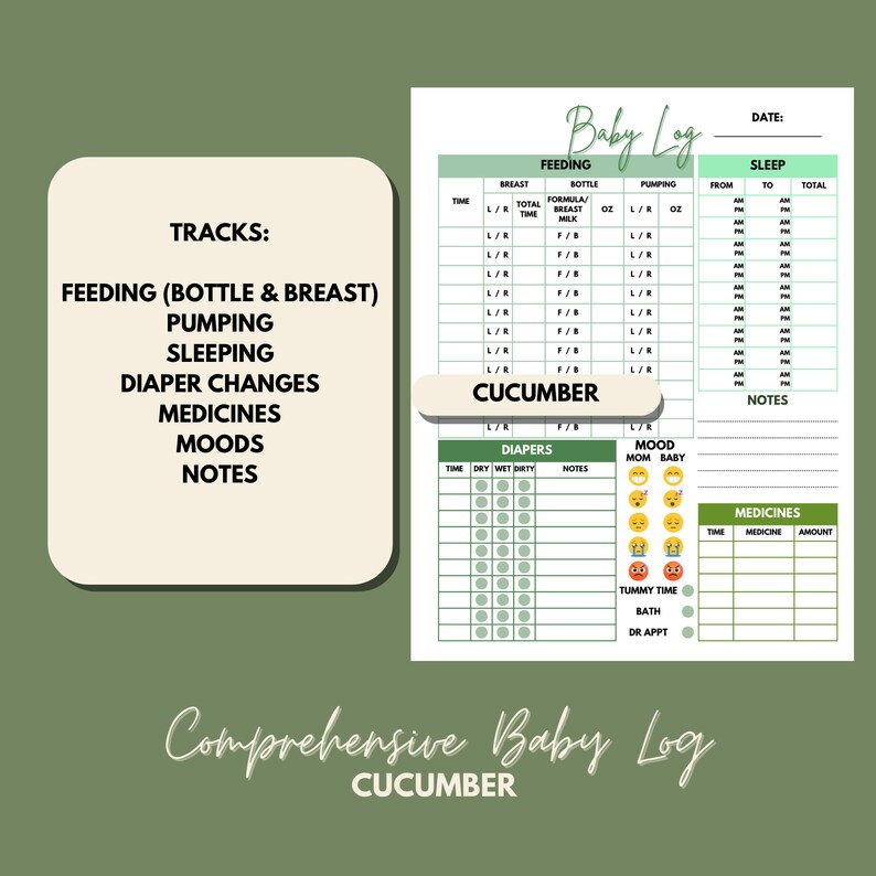 Baby Log Printable Cucumber Newborn Log Baby Care Log Pumping Log