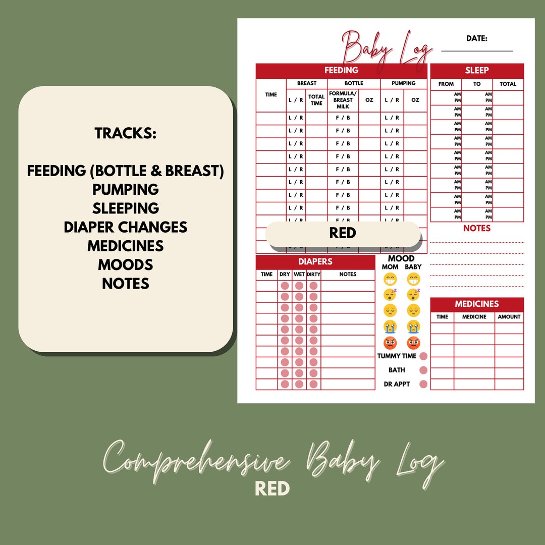 Comprehensive Baby Care Log Printable in Red Newborn Care Log