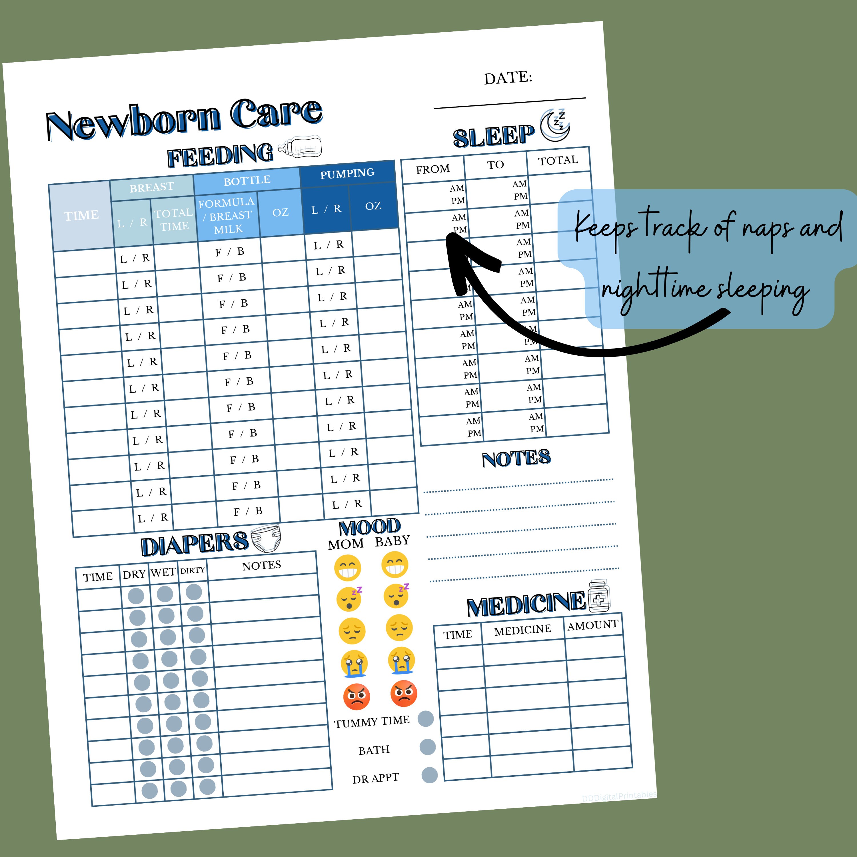 Newborn Care Log Printable Blue Baby Feeding Diaper Log - Etsy