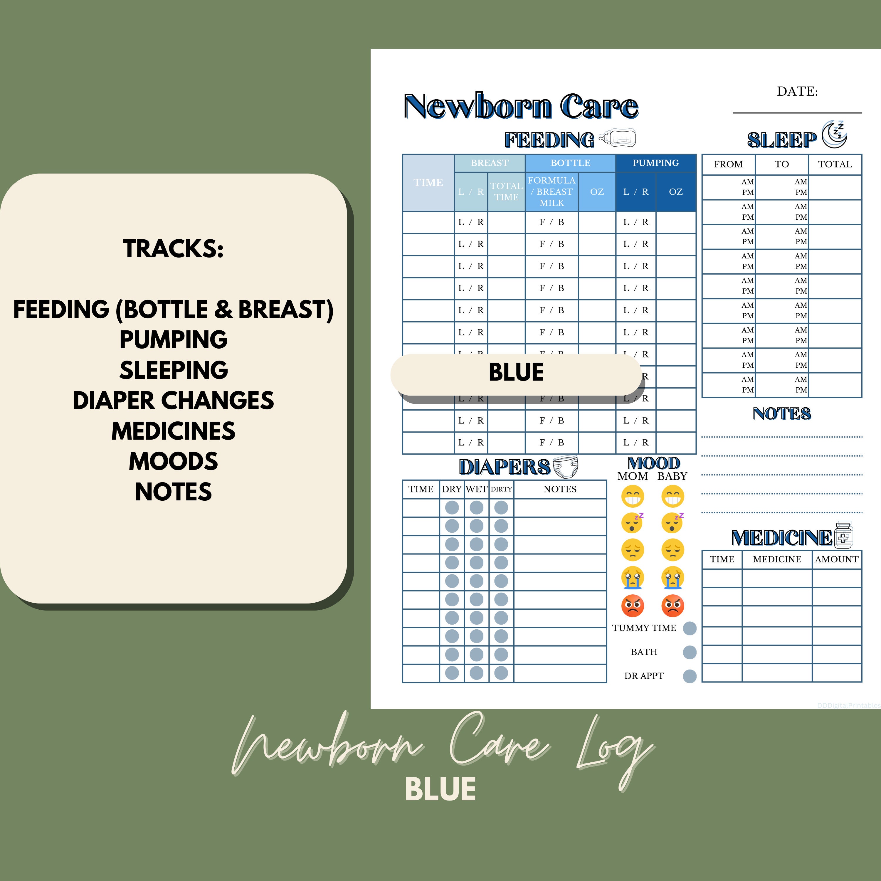 Newborn Care Log Printable Blue Baby Feeding Diaper Log - Etsy