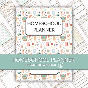 Pode incluir: Planificador de homeschooling imprimível com fundo branco e um padrão colorido de materiais escolares, incluindo mochilas, lápis, réguas e maçãs. O texto "HOMESCHOOL PLANNER" está em um retângulo branco com contorno preto.