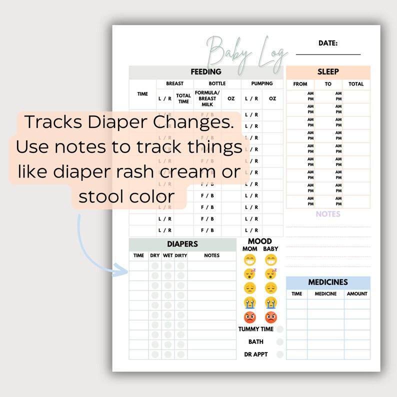 Sample Diaper Log Pastel Baby Log Printable: Newborn Feeding, Diaper, Sleep Tracker (PDF ...