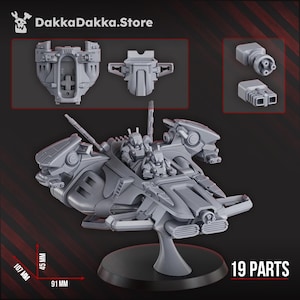 May include: A gray, unassembled model of a futuristic vehicle with two figures in the cockpit. The model is displayed on a black stand and includes separate components. The dimensions are 107 mm high, 91 mm long, and 45 mm wide. The text "19 PARTS" is visible.