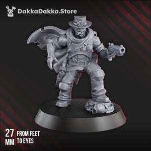 May include: A gray miniature figurine of a futuristic character, wearing a hat, cape, and armor, holding a pistol. The figure stands on a black base. The text "27 mm from feet to eyes" is visible. The DakkaDakka.Store logo is in the top left corner.