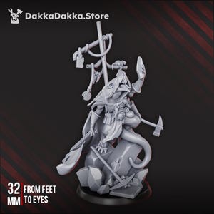 May include: A gray figurine of a fantasy creature, holding a hammer and sword, with a staff behind it. The figurine is 32 mm from feet to eyes. The DakkaDakka.Store logo is in the upper left corner.