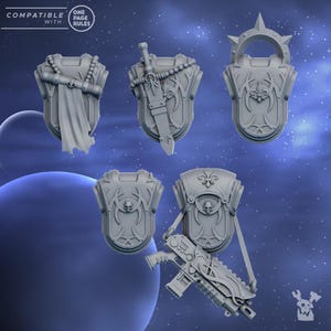 May include: A collection of gray miniature shields and weapons, including a sword, a gun, and shields with decorative elements. The shields have various designs, including skulls and fleur-de-lis. The text "COMPATIBLE WITH ONE PAGE RULES" is visible.