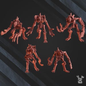 May include: Five reddish-brown robot figurines with detailed mechanical designs. Each robot has a unique pose, with articulated limbs and intricate body structures. The figures are set against a dark background with diagonal lines.