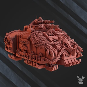 May include: A detailed, reddish-brown model of a war tank, featuring multiple turrets and a driver figure. The tank is adorned with dragon-like features, including a dragon head and claw details, and is heavily armored.