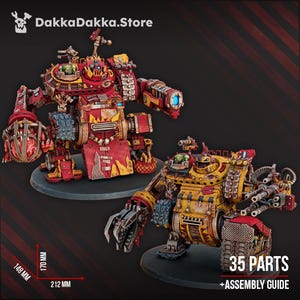May include: Two painted miniature robot figures with DakkaDakka.Store branding. One is red and one is yellow, both featuring mechanical arms, tracks, and weapons. The image includes text indicating 35 parts, an assembly guide, and dimensions of 170 mm by 212 mm by 148 mm.