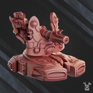 May include: A 3D-printed model of a futuristic tank in a reddish-brown color. The tank features a detailed design with a large cannon, multiple panels, and a seated figure in a cockpit. The model is designed for tabletop gaming or display.