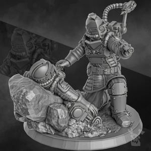 May include: A grayscale miniature depicting two figures in futuristic armor. One figure kneels, extending a hand towards another figure lying on a rocky surface. The kneeling figure has a backpack and a weapon. The scene is set on a circular base.