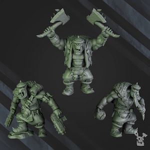 May include: Three gray fantasy figurines of Orc characters. One figure holds two axes overhead, another holds a weapon, and the third holds a ball and a knife. All figures wear fur-lined clothing and helmets.