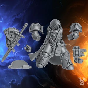 May include: A collection of gray plastic miniature figurines, including a hooded figure, armor pieces, a sword, and a gun. The figures are detailed with skull motifs and appear to be part of a fantasy or sci-fi game.