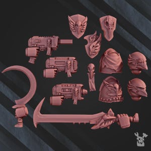 May include: A collection of pink 3D-printed miniature weapons and armor pieces, including guns, shields, helmets, and a curved blade. The pieces have detailed designs and are likely for tabletop gaming or model building.