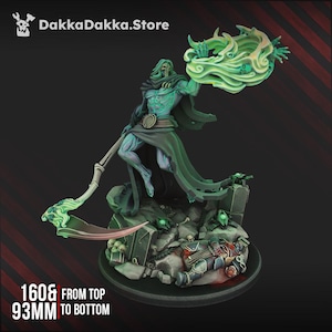 May include: A detailed figurine of a spectral figure with a scythe and a glowing green aura. The figure is posed atop a rocky base with fallen figures. The figurine measures 160mm from top and 93mm from bottom.