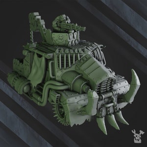May include: A green, stylized war machine with a driver figure, a large gun, and a skull emblem. The vehicle has a rugged, industrial design with rivets, spikes, and a tooth-like front. The background is a dark gray with diagonal lines.