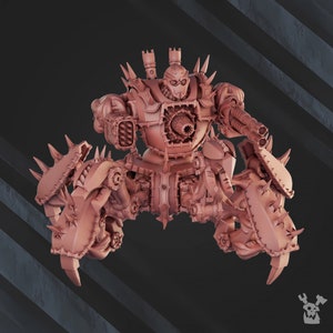 May include: A detailed, reddish-brown model of a mechanical robot with multiple weapons and spiked armor. The robot has a central cannon, missile launchers, and a complex, industrial design, suggesting a war machine or science fiction character.