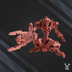 May include: A 3D-printed, reddish-brown robot model with a detailed, mechanical design. The robot has a segmented body, a head with intricate features, and a large weapon attached to one arm. The model is posed on a dark background.