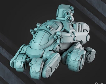 May include: A light gray, futuristic-looking armored vehicle with multiple wheels and a turret. The vehicle has a rounded body with visible rivets and panels, suggesting a mechanical or robotic design. The overall aesthetic is reminiscent of science fiction or fantasy.