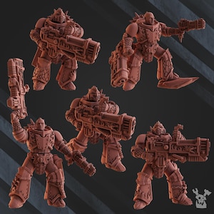 May include: A collection of six brown miniature figures of armored soldiers, each holding a large weapon. The figures are in various action poses, showcasing detailed armor and weaponry. The overall theme suggests a science fiction or fantasy setting.