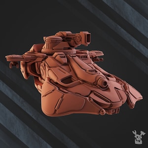 May include: A detailed, reddish-brown model of a futuristic tank or vehicle. The design features a central turret with a large cannon, side-mounted weapons, and intricate paneling. The vehicle has a low profile and a sleek, angular design.
