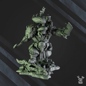 May include: A detailed gray figurine of a fantasy warrior, standing on a rocky base. The warrior is heavily armored, wielding a large axe and a curved blade. A smaller figure rides on the warrior's shoulder. The figurine has a wolf's head on its shoulder.