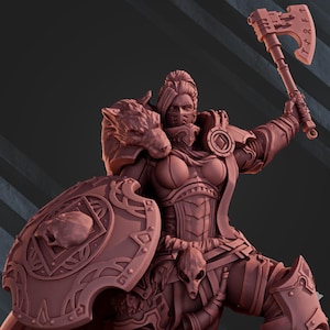 May include: A detailed figurine of a warrior in armor, holding an axe and shield. The figure is in a dynamic pose, with intricate details on the armor, shield, and weapon. The color is a reddish-brown, with a wolf motif on the shoulder and shield.