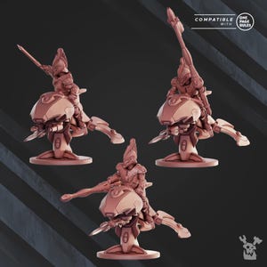 May include: Three miniature figures of futuristic soldiers riding on stylized vehicles. The figures and vehicles are a muted reddish-brown color. The vehicles have a rounded, streamlined design with wing-like extensions. The text "COMPATIBLE WITH ONE PAGE RULES" is in the upper right corner.