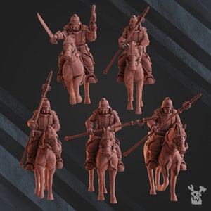 May include: A collection of miniature figures depicting armored soldiers riding horses. The figures are in a reddish-brown color and are equipped with various weapons, including swords, spears, and guns. The soldiers wear helmets and protective gear.
