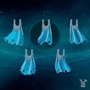 May include: Five light blue fantasy capes with a detailed silver collar and torn edges are displayed against a dark blue background with a large circle and stars. The capes are designed with a flowing, ethereal quality.