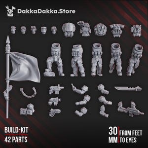 May include: A collection of gray plastic model kit parts, including various body parts, weapons, and accessories. The kit includes a flag on a pole. Text on the image reads "DakkaDakka.Store", "BUILD-KIT 42 PARTS", and "30 FROM FEET MM TO EYES".