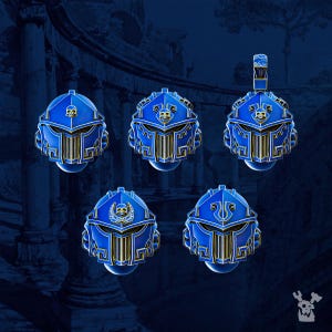 May include: Five blue and gold helmet pendants with intricate designs. Each helmet features a skull emblem and detailed gold accents. The pendants are displayed against a dark blue background with architectural elements.