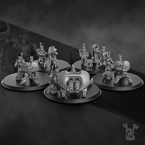 May include: A grayscale image showcases miniature figurines of futuristic soldiers and vehicles. The figures are arranged on circular platforms, with a central vehicle featuring dual cannons. The scene evokes a science fiction or tabletop gaming theme.