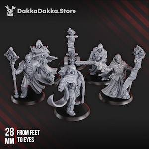 May include: A collection of gray miniature figures, each with unique armor and weaponry, standing on black circular bases. The figures are approximately 28 mm tall from feet to eyes. The DakkaDakka.Store logo is in the top left corner.