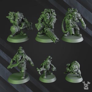 May include: A collection of six green miniature figurines, each depicting a stylized, muscular character with various weapons and gear. The figures are posed on circular bases, showcasing a range of designs, including a large gun, a knife, and a creature.
