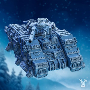 May include: A detailed, blue-gray model of a futuristic tank, featuring a large cannon, multiple turrets, and intricate mechanical detailing. The tank appears to be floating against a backdrop of a starry sky and a blurred forest.