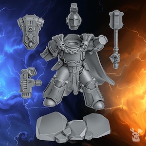 May include: A collection of gray, unpainted miniature figurines, including a warrior's armor, helmet, weapon, and rocky terrain base. The armor features skull details and a cape. The background has a blue and orange lightning effect.