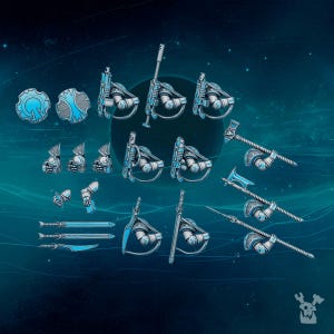 May include: A collection of miniature, silver-colored weaponry and armor pieces, including rifles, swords, axes, and shoulder pads. The pieces have intricate detailing and are accented with a light blue color. The items are arranged on a dark blue background with a starry pattern.