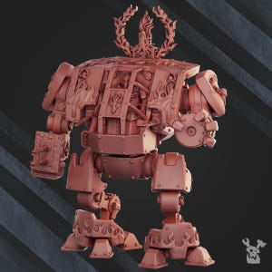 May include: A detailed, reddish-brown model of a bipedal war machine, featuring intricate mechanical details and flame-like embellishments. The model has a large, armored torso, articulated limbs, and a headpiece with a flame design. The overall design suggests a science fiction or fantasy theme.