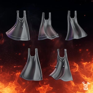 May include: Five dark gray capes with varying designs. Some capes have decorative edges, while others feature rope-like details at the neckline. The capes are displayed against a fiery, orange and red background.