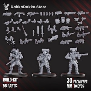 May include: A collection of unpainted miniature figurines and weapons, including three assembled figures, various guns, blades, and other accessories. The text "BUILD-KIT 56 PARTS" and "30 MM FROM FEET TO EYES" are visible. The DakkaDakka.Store logo is in the top left corner.