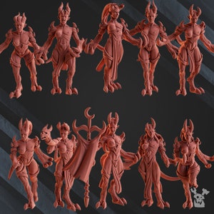 May include: A collection of ten reddish-brown fantasy figures, each with horns, clawed feet, and a tail. The figures are in various poses, some holding props like a staff or a severed head. The overall theme is demonic or fantasy-based.