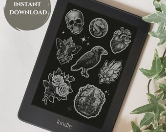 Goth Stickers Kindle Lock Screen | Dark Academia / Gothic Aesthetic, Screensaver Template, Kindle Accessories, Goth Screenlock Wallpaper