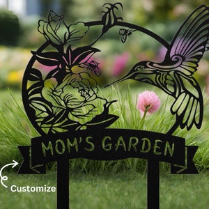 Personalized Garden Sign, Hummingbird Flower Garden Metal Sign. Great Christmas gift for mom or grandma. Personalized Outdoor Decor.