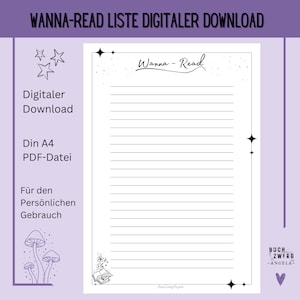 Könnte beinhalten: Eine druckbare Leseliste-Vorlage mit einem verspielten Design mit Sternen, Pilzen und einem Buch. Der Text lautet "Wanna-Read Liste Digitaler Download" und "Wanna-Read".