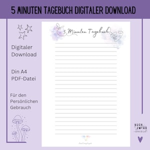 Könnte beinhalten: Digitaler Download einer linierten Tagebuchseite mit dem Text "5 Minuten Tagebuch" und anderem deutschen Text. Die Seite hat ein Aquarelldesign und ist für den persönlichen Gebrauch bestimmt. Das Journal ist eine Din A4 PDF-Datei.
