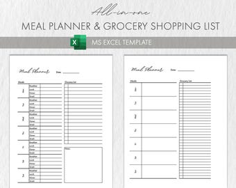 Printable Meal Planner, Grocery Shopping List, Healthy Diet Diary, Fitness Planner Template, Food Journal, Meal Tracker, Lose Weight
