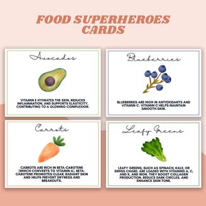 Lebensmittel-Superhelden-Karten, gesundes Ernährungsspiel, Kindern beibringen, wie man gesund isst, wie sich Lebensmittel auf die Gesundheit auswirken, gesunde Ernährung für Kinder, Jugendliche