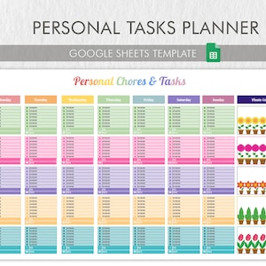 Könnte beinhalten: Eine druckbare Google Sheets-Vorlage zur Planung persönlicher Aufgaben. Die Vorlage enthält einen Wochenplaner mit Abschnitten für "Gesundheit & Fitness", "Arbeit", "Haushalt", "Soziales" und "Sonstiges". Die Vorlage enthält auch einen Abschnitt zur Verfolgung des Pflanzenwachstums.